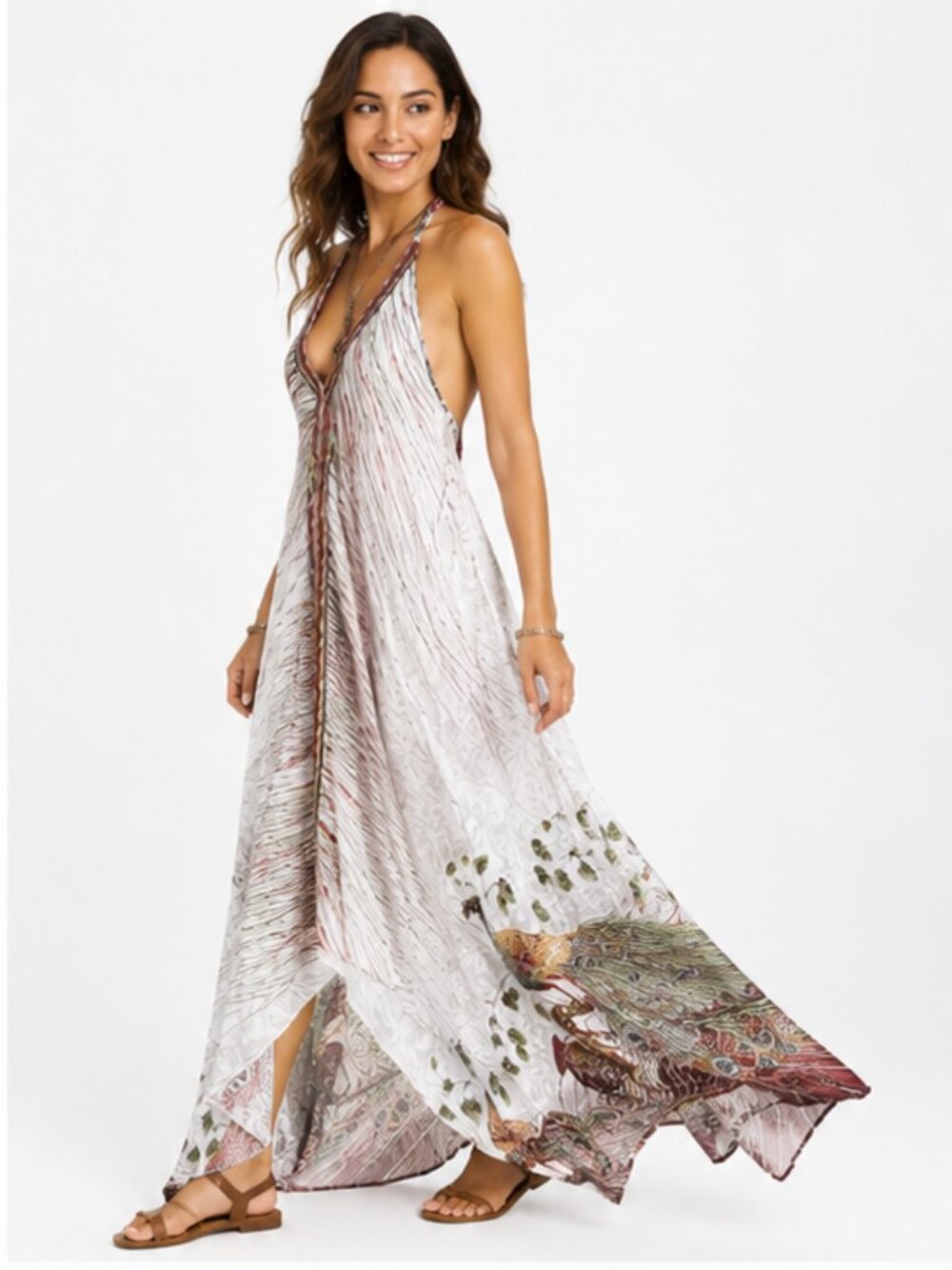 Shahida Parides Peacock Print Halter Maxi Dress Luxury OS